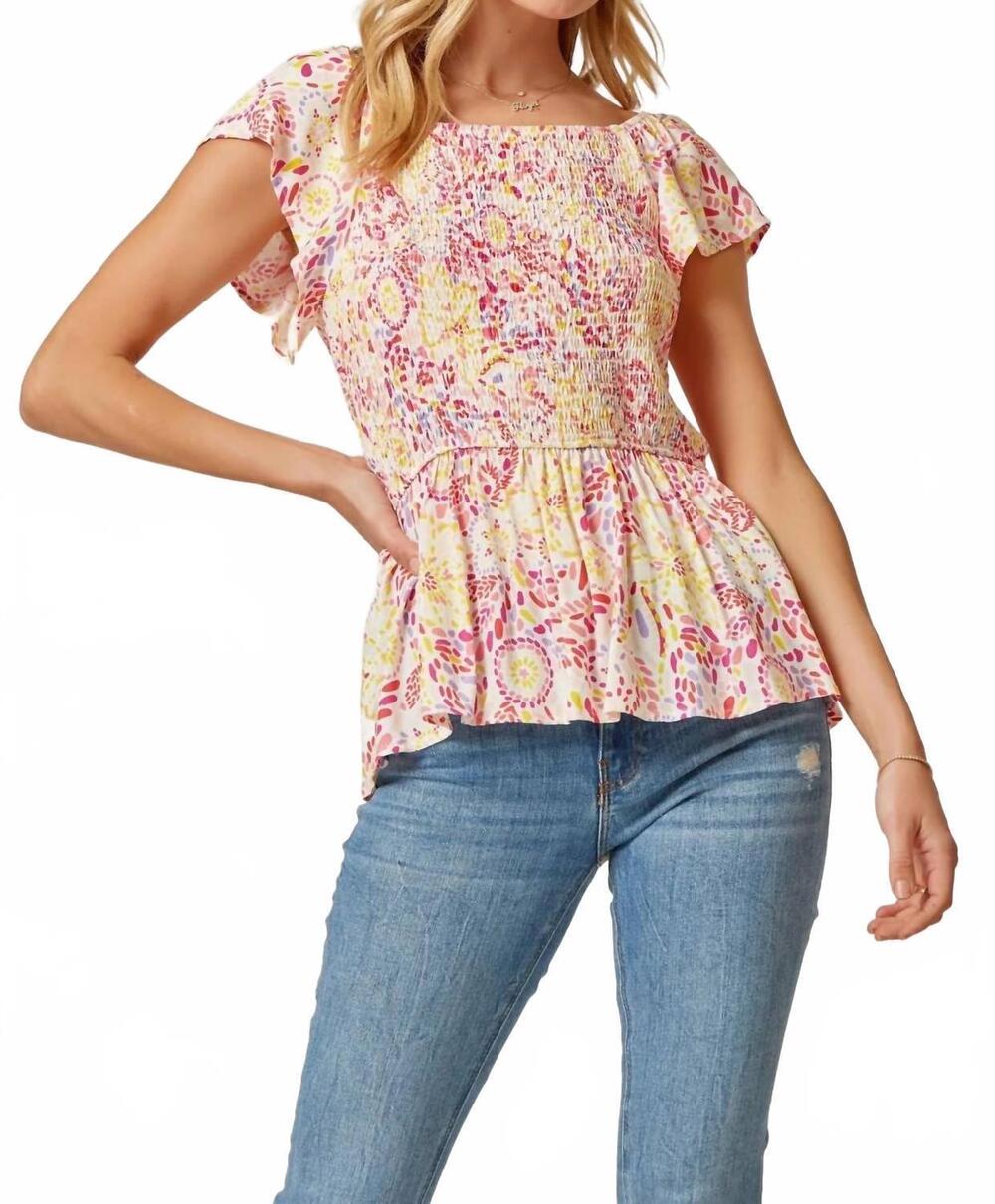NEW ANDREE BY UNIT sunshine confetti smocked top with flutter sleeves in ivory m
